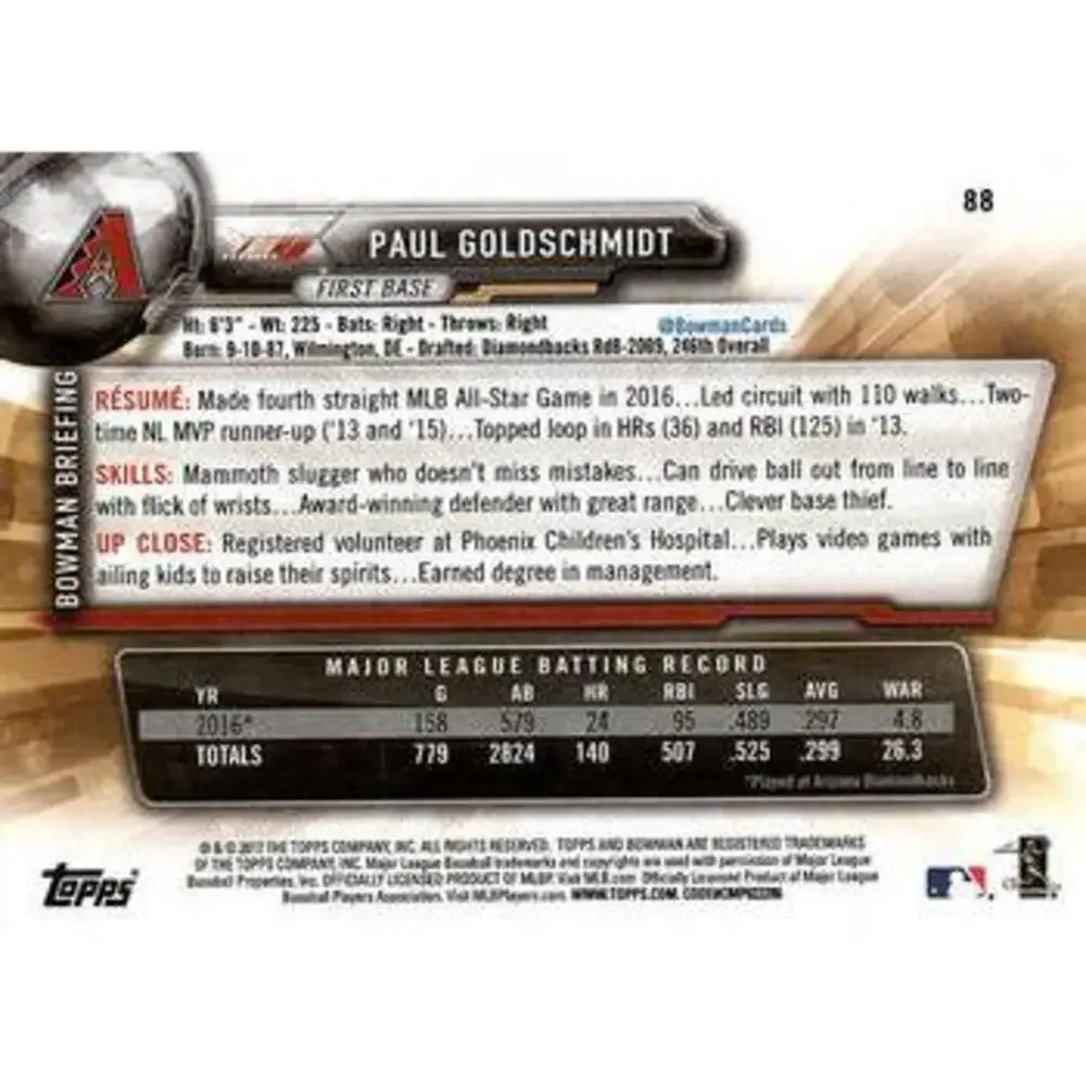 2017 Bowman Paul Goldschmidt # 88 Arizona Diamondbacks
